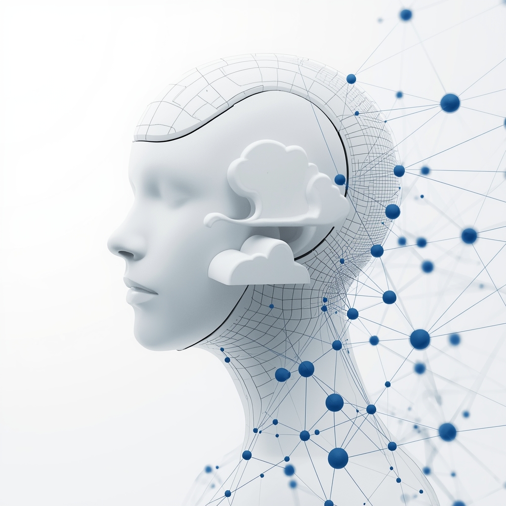 A modern, high-tech abstract 3D visualization showcasing interconnectivity and cloud nodes in a minimalist white and blue palette, digital art style. (no woman image)